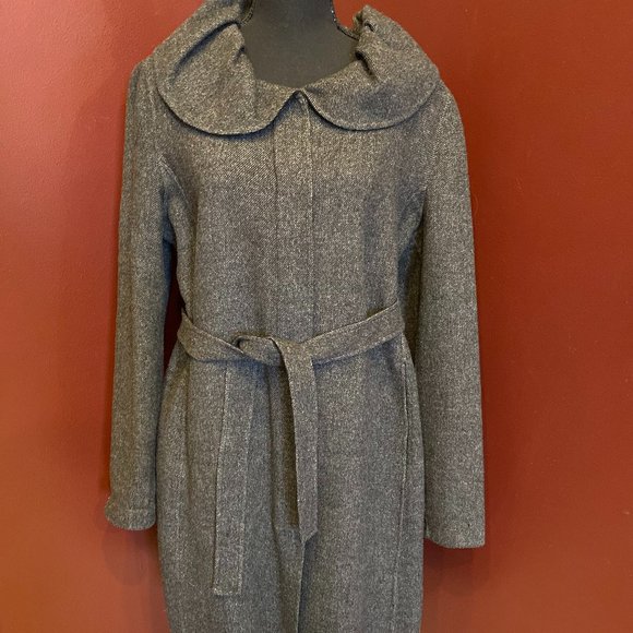 Vintage Cynthia Rowley Gray Tweed Wool Blend Coat with Ruffled Collar XL - Picture 1 of 12